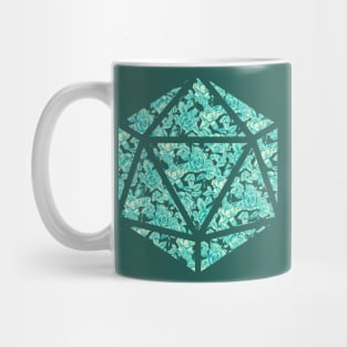 Neon Aqua Blue Gradient Rose Vintage Pattern Silhouette D20 - Subtle Dungeons and Dragons Design Mug